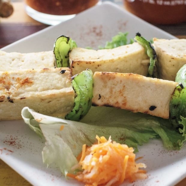 Satay Tofu with Chilies Lime Sauce.